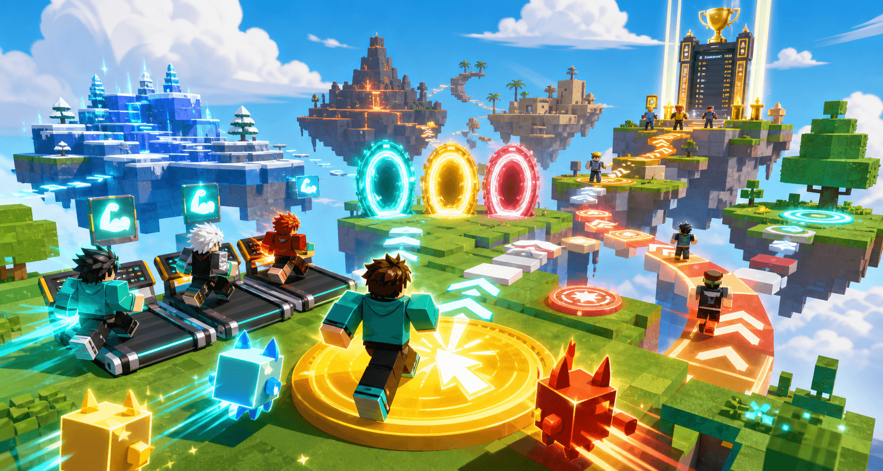 Original Roblox-style guide artwork showing aura pads, treadmills, portals, pets, and route islands